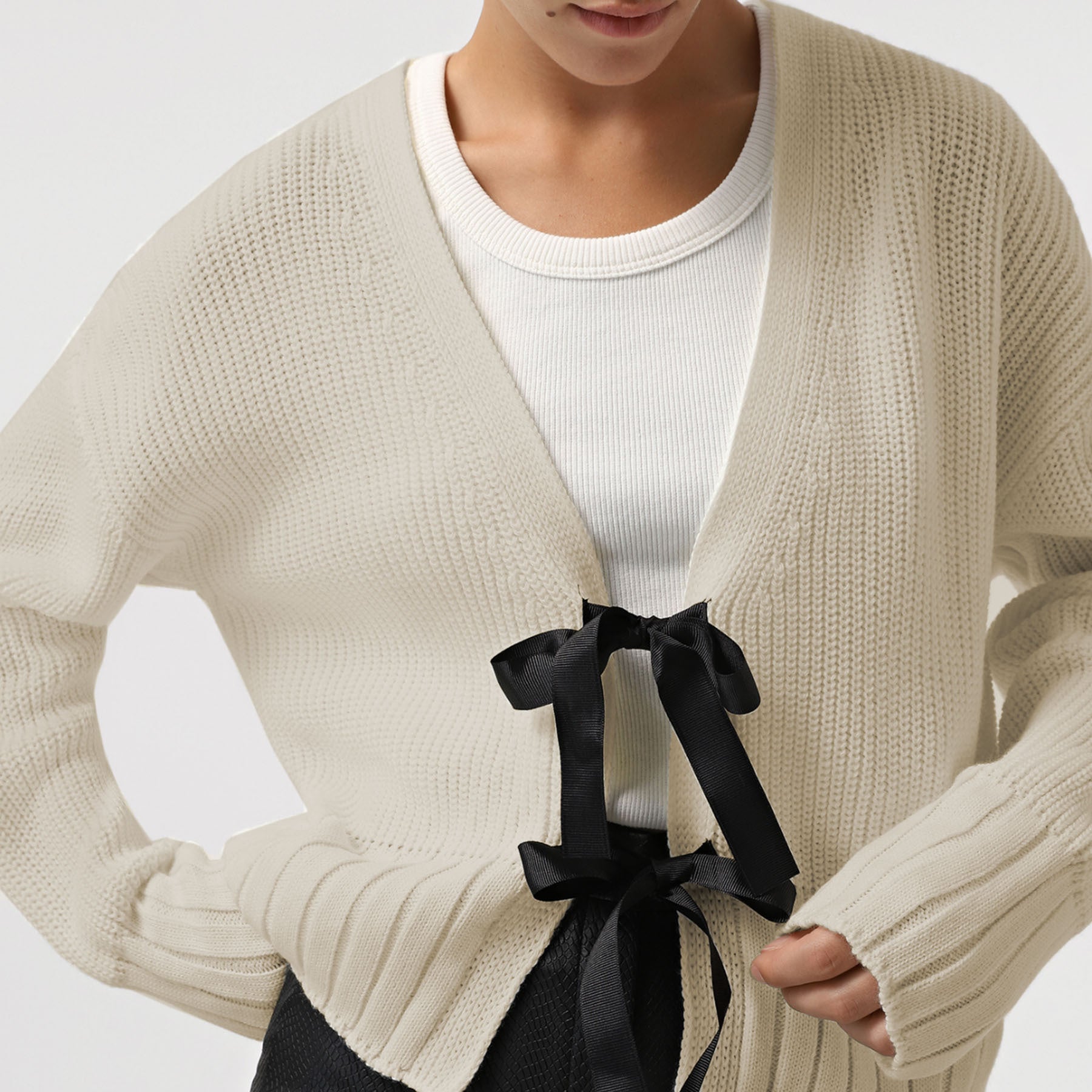 French Bow Ribbed Knit Open Cardigan