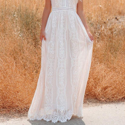 Women's V Neck Short Sleeve Crochet Floral Lace Maxi Dress