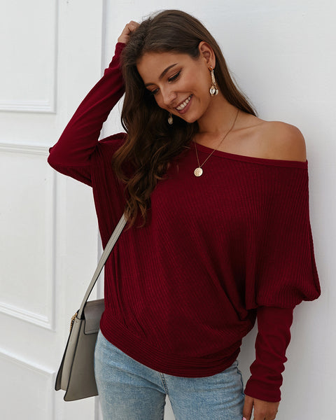 Chic Off-the-Shoulder Long Sleeve Batwing Knit Tunic Top