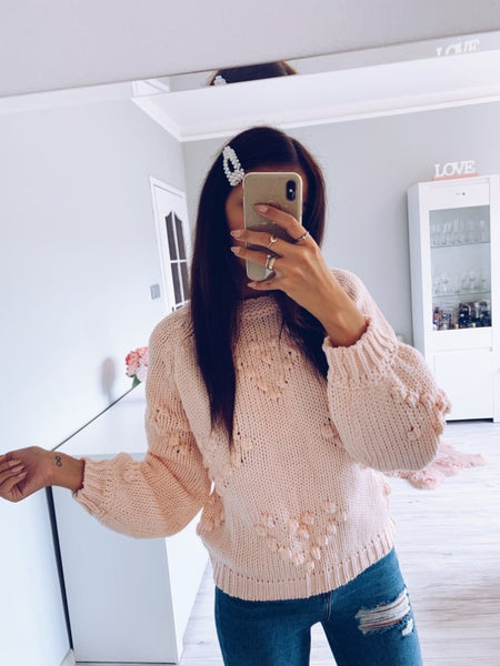 Cozy Pom Pom Heart Knit Sweater