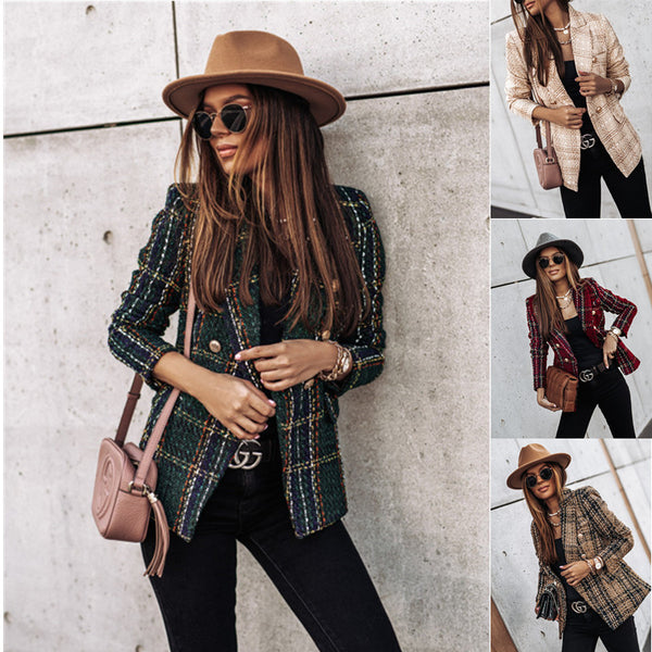 Plaid Casual Double Breasted Open Front Tweed Blazer