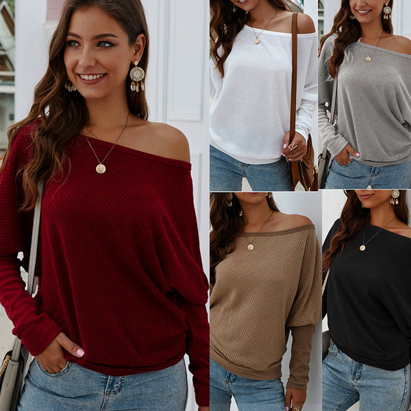 Chic Off-the-Shoulder Long Sleeve Batwing Knit Tunic Top