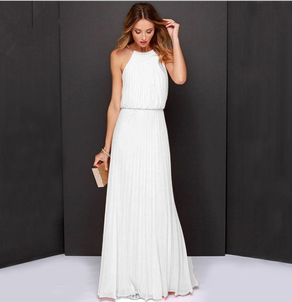 Elegant Halter Sleeveless Pleated Chiffon Maxi Dress