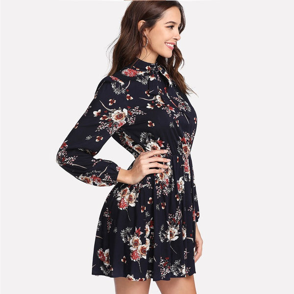 Floral Multicolor Elegant Long Sleeve High Waist Dress