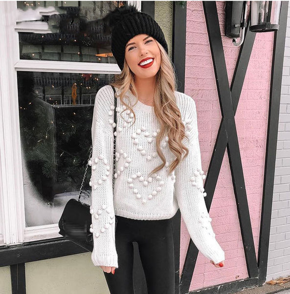 Cozy Pom Pom Heart Knit Sweater