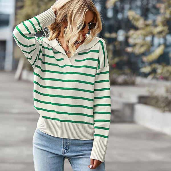 Casual V-neck Striped Long Sleeve Sweater