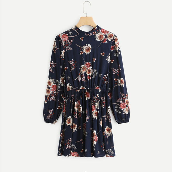 Floral Multicolor Elegant Long Sleeve High Waist Dress