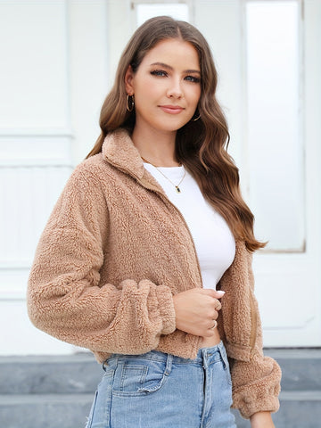 Women's Zip Up Faux Shearling Fluffy Cropped Teddy Jacket