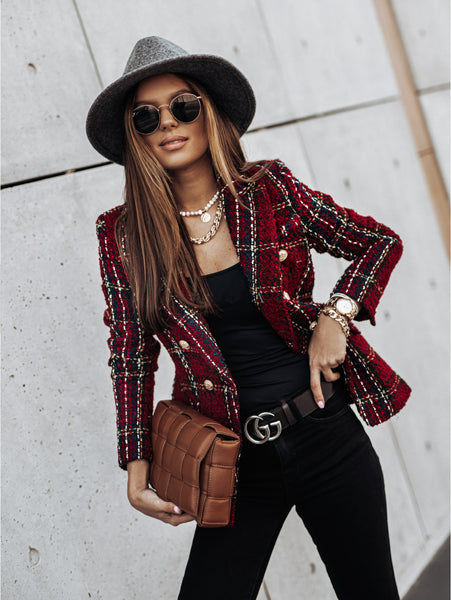 Plaid Casual Double Breasted Open Front Tweed Blazer