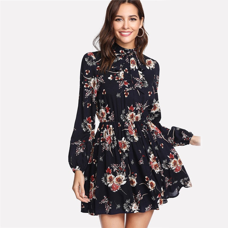 Floral Multicolor Elegant Long Sleeve High Waist Dress