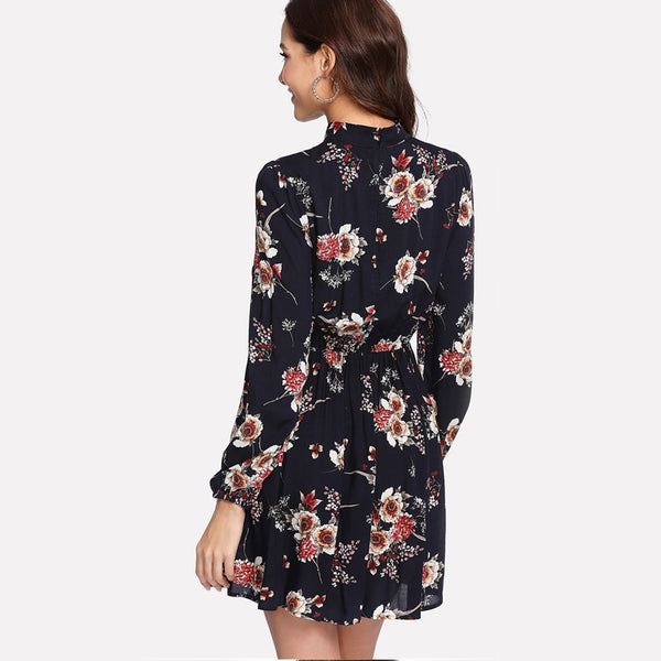 Floral Multicolor Elegant Long Sleeve High Waist Dress