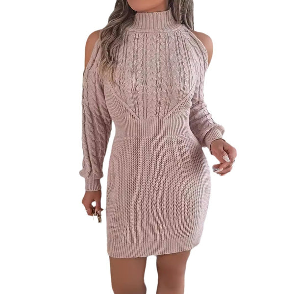 Cold Shoulder Cable Knit Lantern Sleeve Sweater Dress