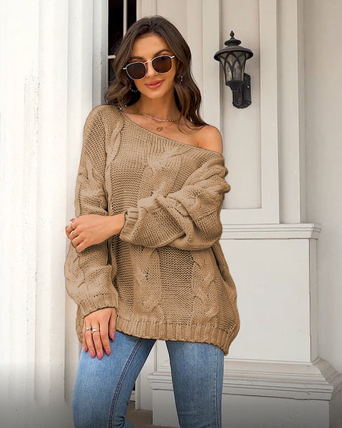 Off Shoulder Cable Knit Oversized Loose Fit Pullover Sweater