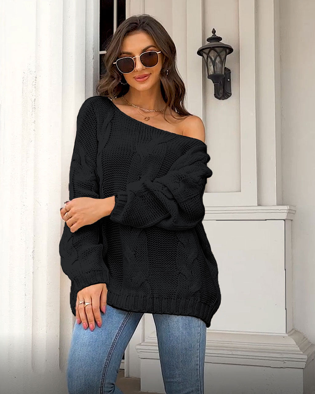 Off Shoulder Cable Knit Oversized Loose Fit Pullover Sweater