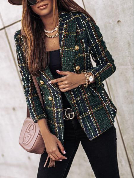 Plaid Casual Double Breasted Open Front Tweed Blazer