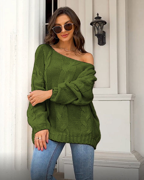 Off Shoulder Cable Knit Oversized Loose Fit Pullover Sweater