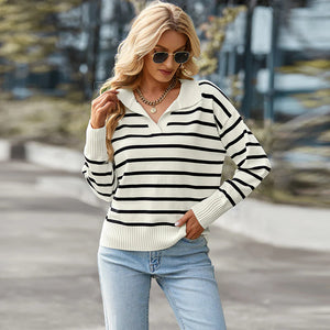 Casual V-neck Striped Long Sleeve Sweater