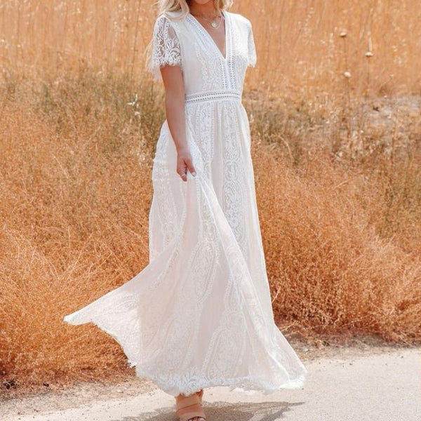 Women's V Neck Short Sleeve Crochet Floral Lace Maxi Dress