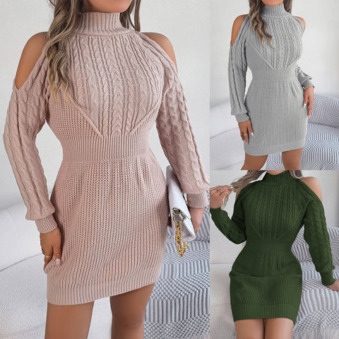 Cold Shoulder Cable Knit Lantern Sleeve Sweater Dress