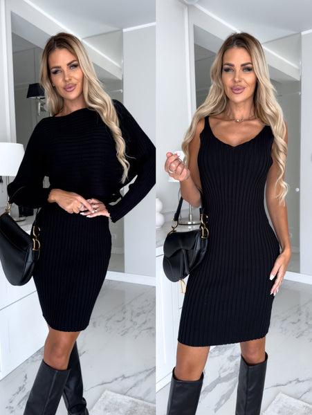 2 Piece Ribbed Knit Midi Bodycon Sweater Dress Set