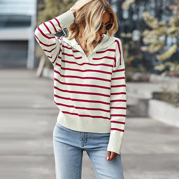 Casual V-neck Striped Long Sleeve Sweater