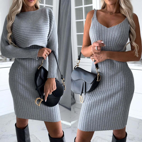 2 Piece Ribbed Knit Midi Bodycon Sweater Dress Set