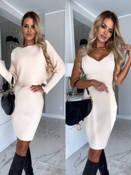 2 Piece Ribbed Knit Midi Bodycon Sweater Dress Set