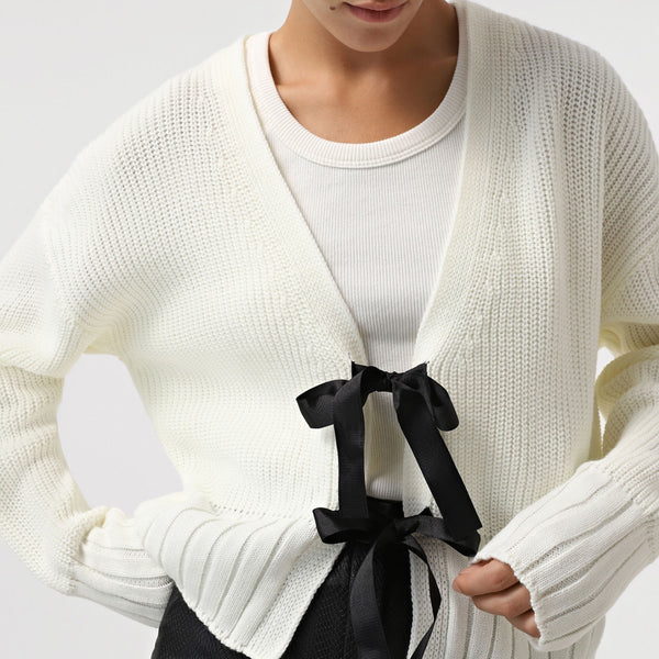 French Bow Ribbed Knit Open Cardigan