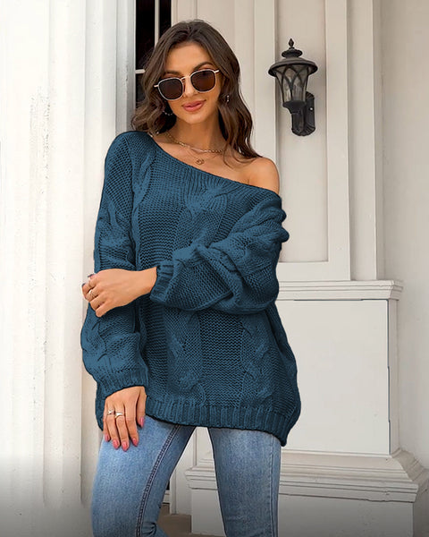 Off Shoulder Cable Knit Oversized Loose Fit Pullover Sweater