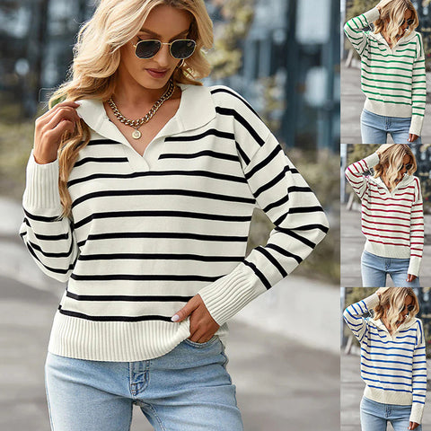 Casual V-neck Striped Long Sleeve Sweater