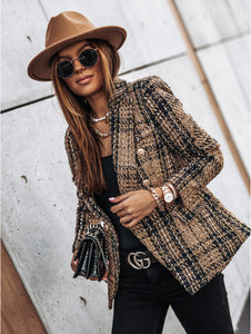 Plaid Casual Double Breasted Open Front Tweed Blazer