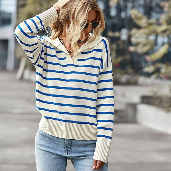 Casual V-neck Striped Long Sleeve Sweater