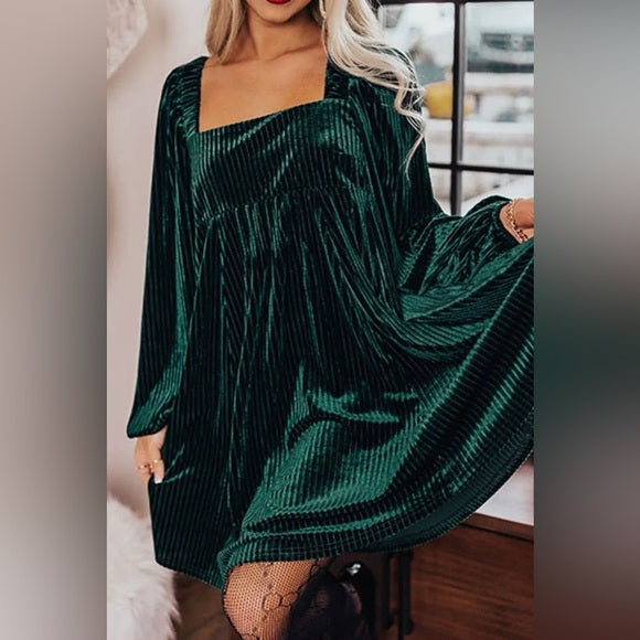 Stylish Square Neck Plush Velvet Long Sleeve Tunic Babydoll Dress