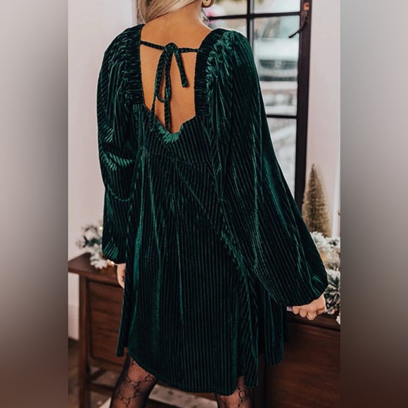 Stylish Square Neck Plush Velvet Long Sleeve Tunic Babydoll Dress