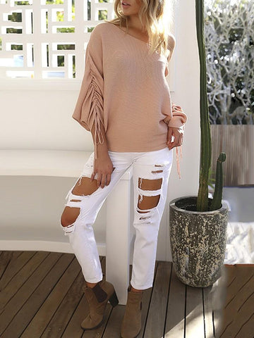 Skew Neck Knitted Ruched Sweater