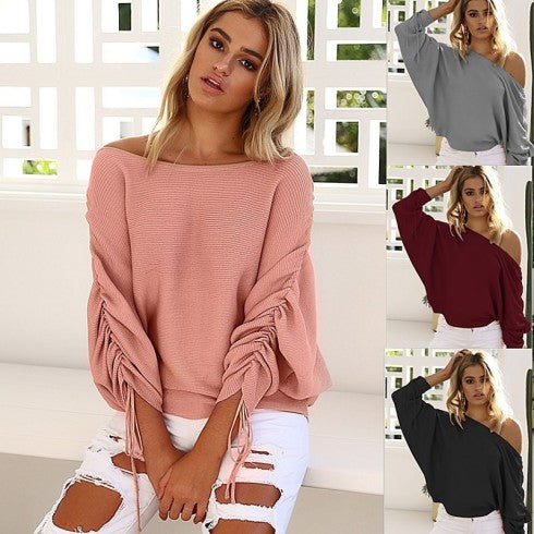 Skew Neck Knitted Ruched Sweater