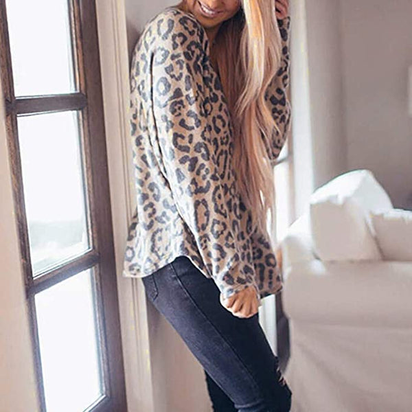 Leopard Print Sequined Pocket Long Sleeve Top