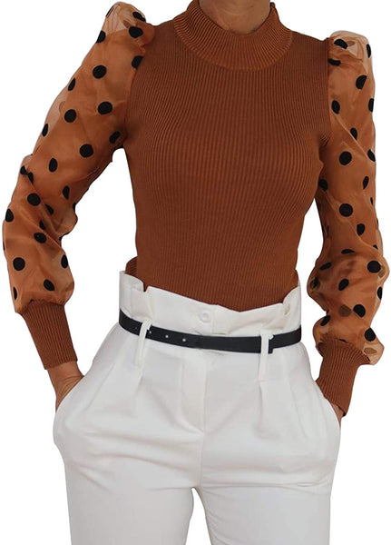 Polka Dot Puff Long Sleeve Sheer Blouse