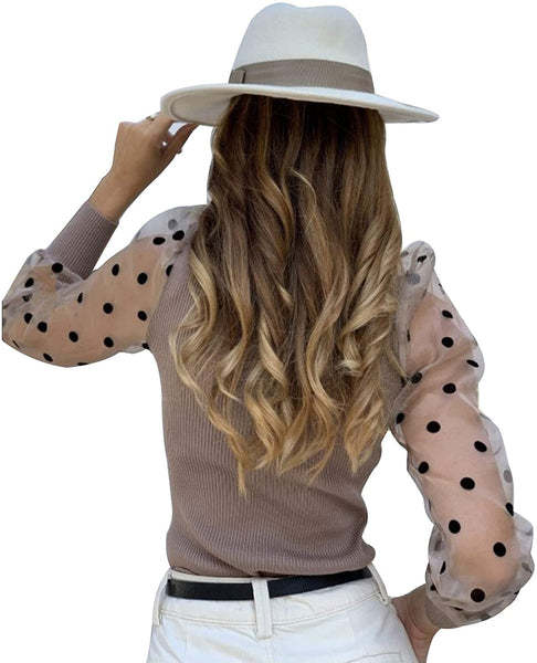 Polka Dot Puff Long Sleeve Sheer Blouse