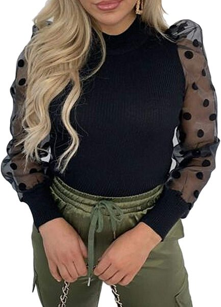 Polka Dot Puff Long Sleeve Sheer Blouse