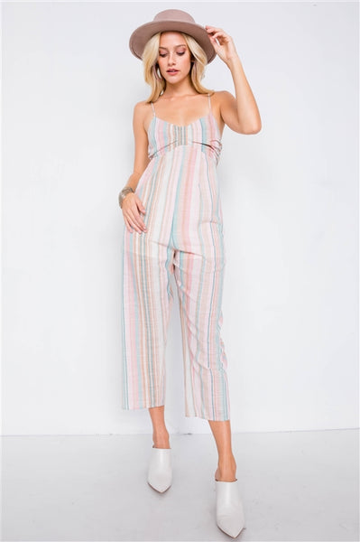 Jillian Multi Stripe Ribbon Shaped Front Smocking Back Jumpsuit