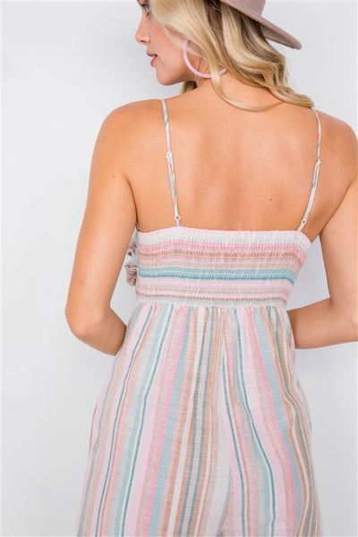 Jillian Multi Stripe Ribbon Shaped Front Smocking Back Jumpsuit