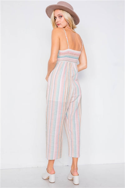 Jillian Multi Stripe Ribbon Shaped Front Smocking Back Jumpsuit