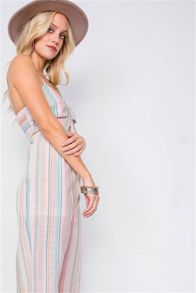 Jillian Multi Stripe Ribbon Shaped Front Smocking Back Jumpsuit