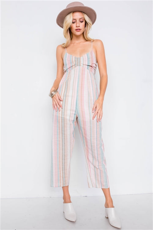 Jillian Multi Stripe Ribbon Shaped Front Smocking Back Jumpsuit