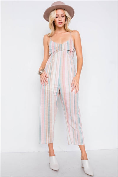 Jillian Multi Stripe Ribbon Shaped Front Smocking Back Jumpsuit