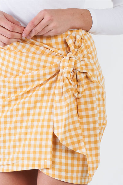 Yellow Checkered Mock Wrap Vintage Chic Mini Skirt