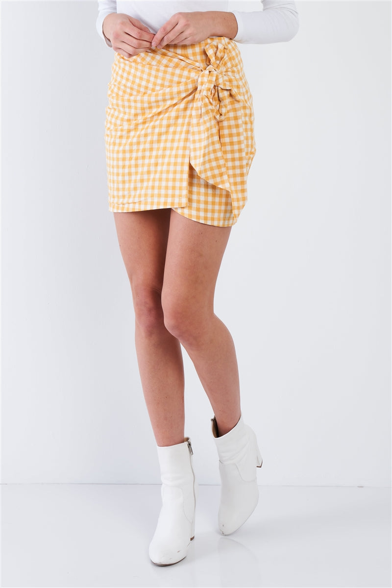 Yellow Checkered Mock Wrap Vintage Chic Mini Skirt