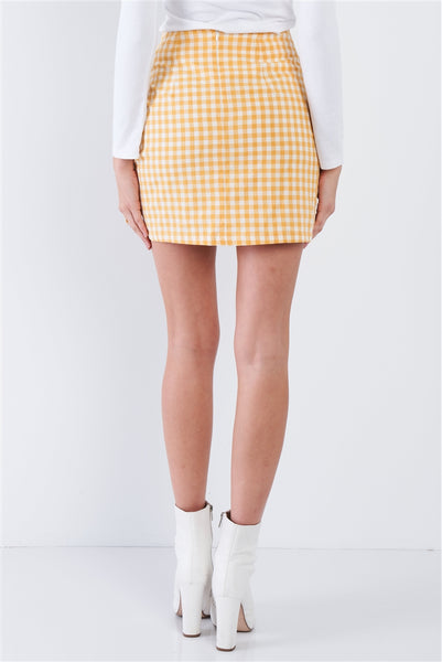 Yellow Checkered Mock Wrap Vintage Chic Mini Skirt