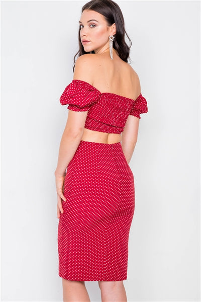 Polka Dot Printed Ruched Crop Top & Midi Skirt Set